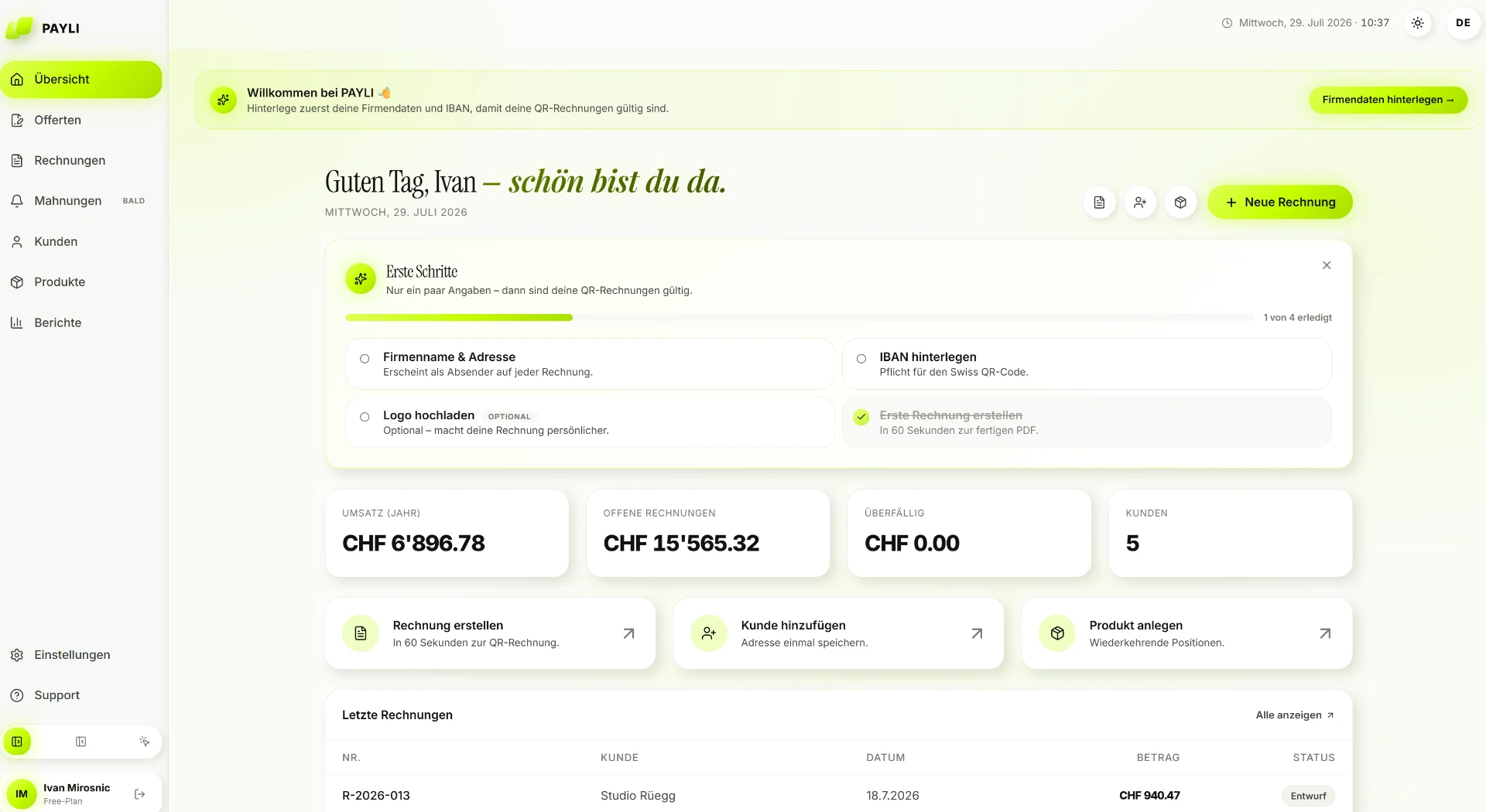 PAYLI Dashboard mit Umsatz-Übersicht, offenen Rechnungen und Kundenliste